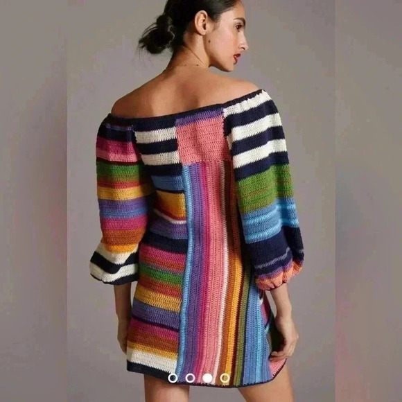 Anthropologie Farm Rio Stripe Mini Dress Crochet Knit Puff Sweater Chunky S $265 - Picture 3 of 12